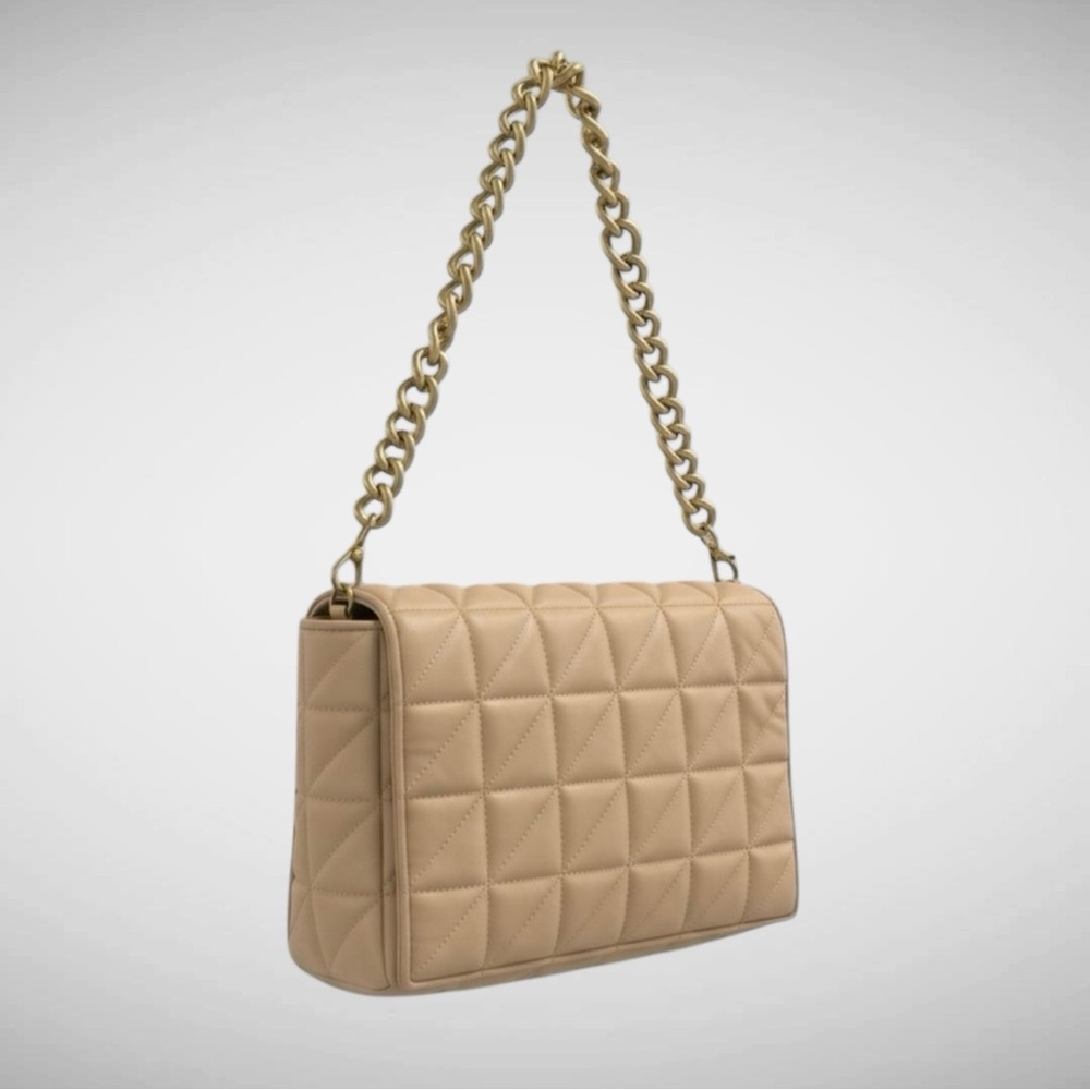 Zara Quilted Beige Shoulder Bag with Gold Chain